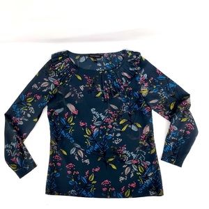 Banana Republic Navy Floral Ruffle L/S Blouse Sz S